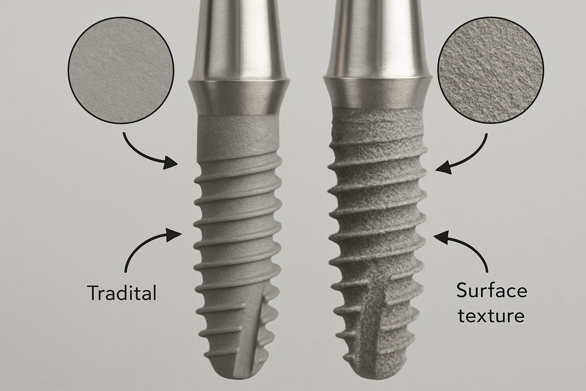 Image comparing a traditional titanium dental implant to a biohorizon dental implant, with labels pointing out the key differences in thread design and surface texture that promote bone integration. No text on image.