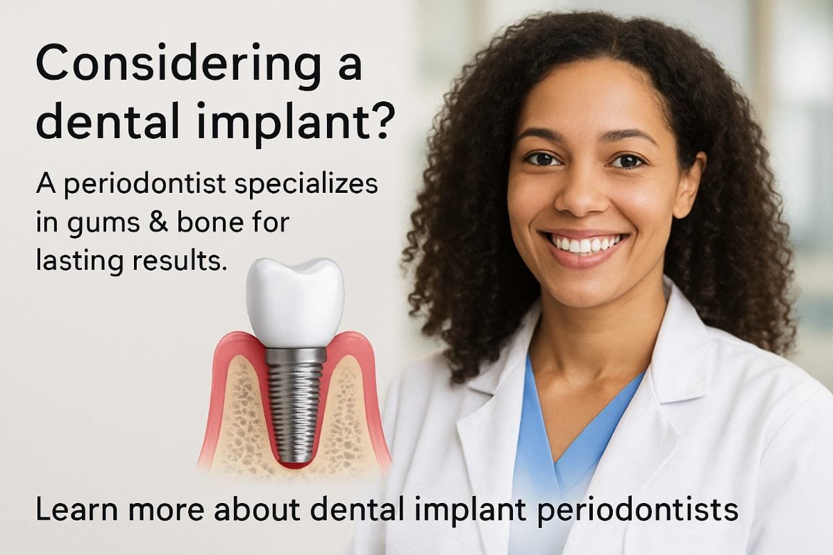 A periodontist carefully placing a dental implant into a patient's jawbone, showcasing the precision and expertise involved in the procedure. The setting is a modern dental office with advanced equipment visible in the background. No text on image.