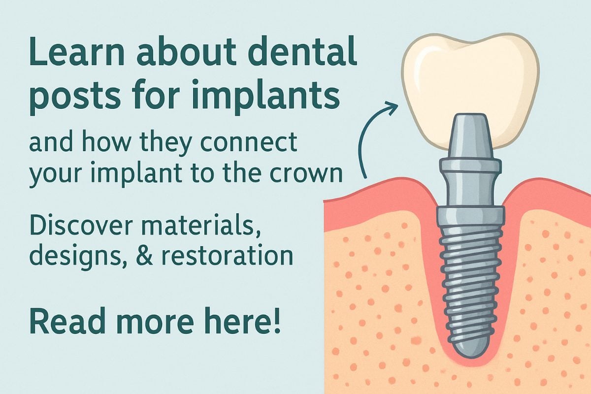 Close up image of a dentist attaching a dental post (abutment) to a dental implant, with various tools and equipment around. No text on the image.