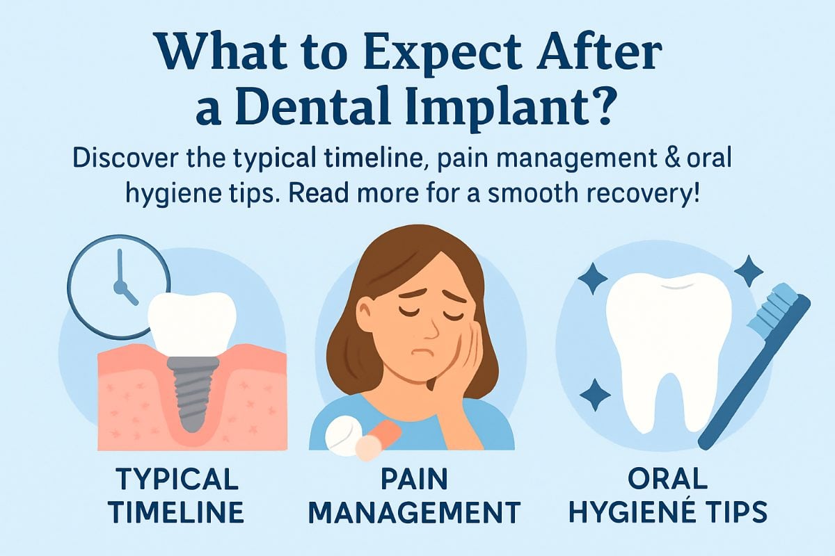 Photo of a dentist explaining post-op dental implant care to a patient, including oral hygiene and diet. No text on the image.