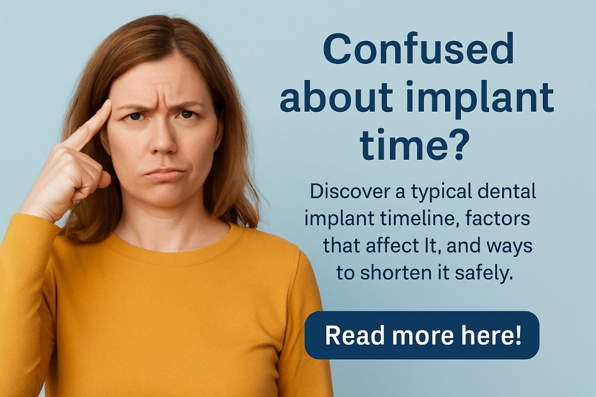 Image of a dentist pointing to a digital timeline projected onto a screen, illustrating the stages of dental implant treatment from consultation to final restoration. The dentist is explaining the "implant time" to a patient. No text on image.